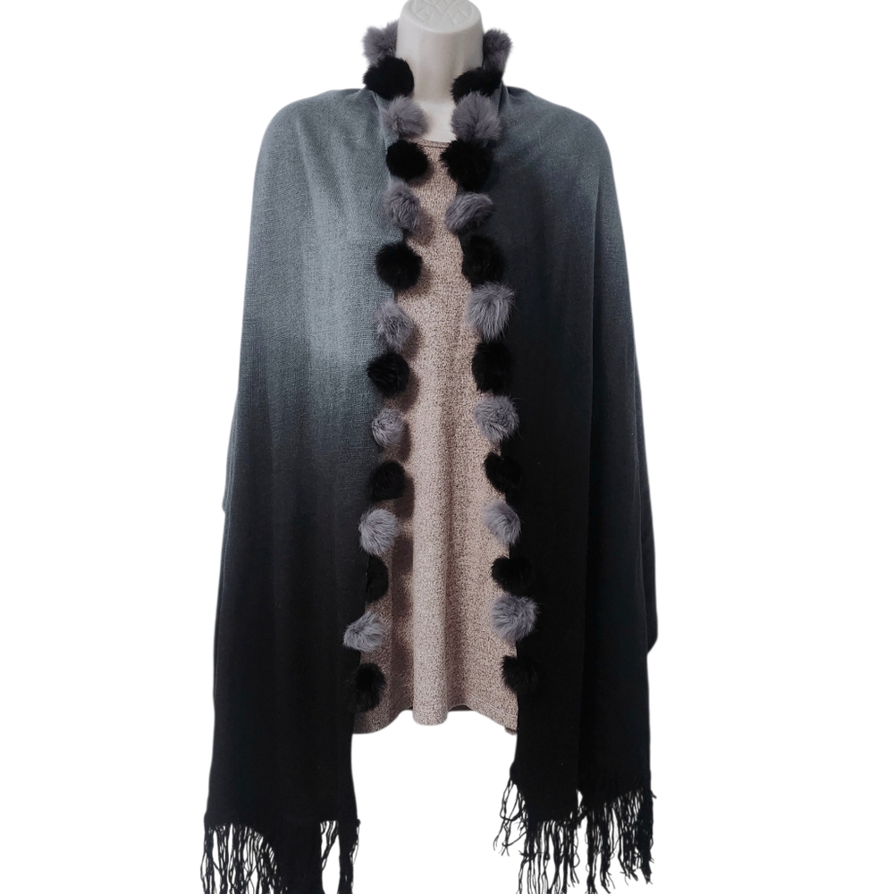 Ombre Shawl Gray & Black w/ Fur Pom Pom Scarf Wrap - Picture 5 of 8